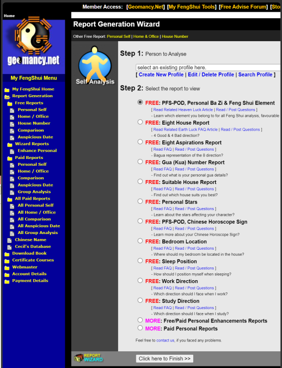 Screenshort of Personalised reports in Online.Geomancy.Net Member Area